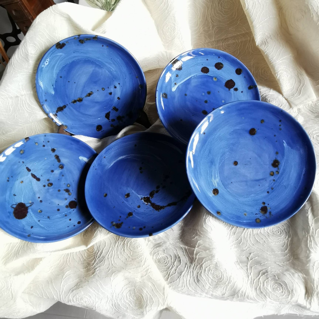 Blue Ceramic Plates, Set of Six Hand Painted Ceramic Plates, Table