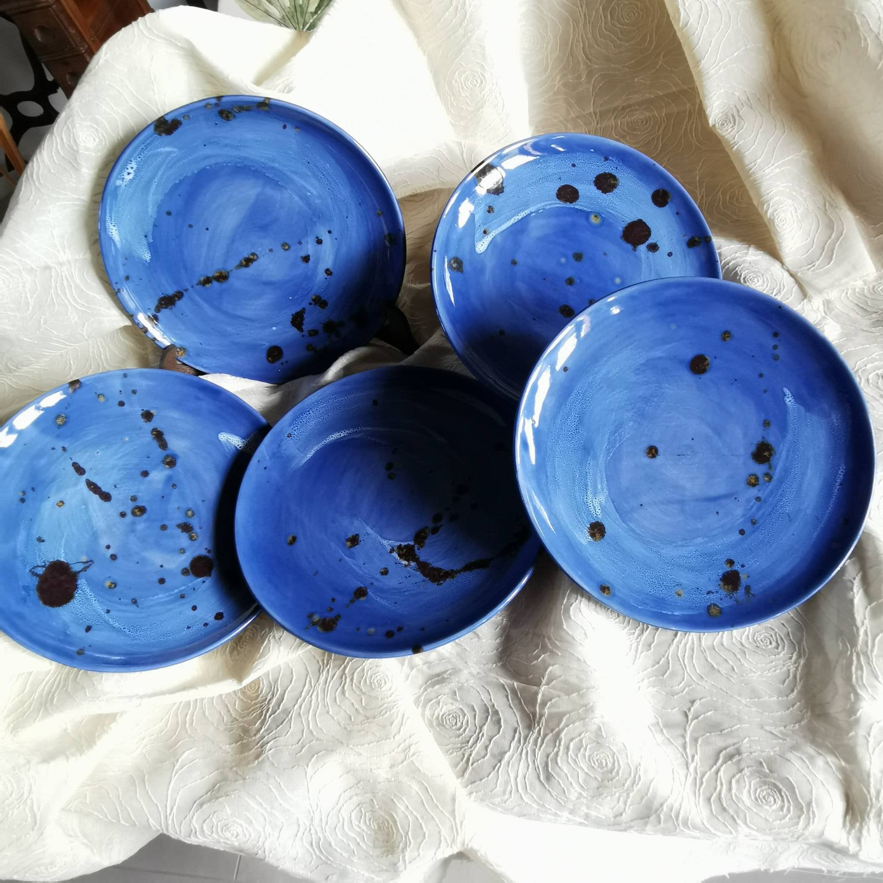 Blue Ceramic Plates, Set of Six Hand Painted Ceramic Plates, Table