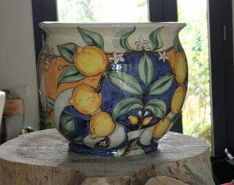 Lemon vase holder Italian artistic ceramic, ceramic vase holder, lemon decoration, handcrafted vase with Italian decoration, artistic vase