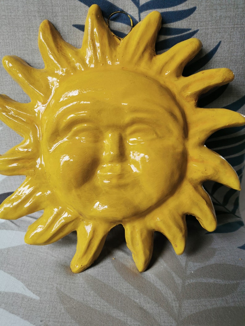 Italian ceramic sun plaques, Italy pottery sun, ceramic sun face, sun and moon ornaments,sun ornament yellow sun handmade, sun wall hanging image 2