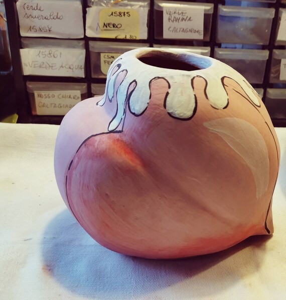 陶器のハート、ピンクの陶器のハートの花瓶、インテリア陶器デザイン