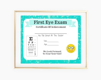 Premier certificat d'examen de la vue, impression d'un ophtalmologiste, visite chez le médecin, certificat pour enfant, optométriste, art mural, examen de la vue, médecin pour enfants