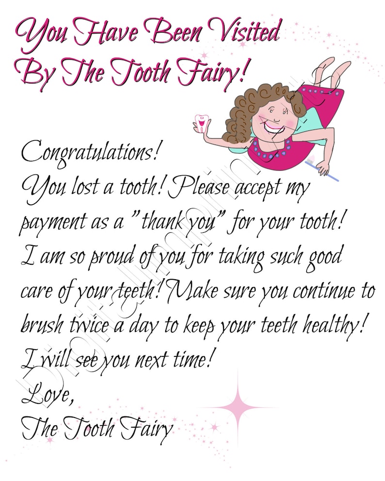Tooth Fairy Letter Lost Tooth child Baby Milestone Letter