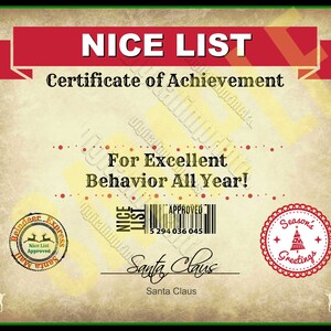 Op de afbeelding: Een certificaat van prestatie voor het op de "Nice List" staan met een barcode en de handtekening van de kerstman. Het certificaat heeft een rode rand en een rood lint bovenaan. De tekst luidt "NICE LIST Certificaat van prestatie Voor uitstekend gedrag het hele jaar!"