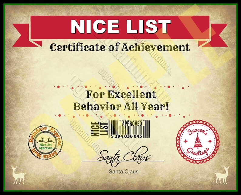 Op de afbeelding: Een certificaat van prestatie voor het op de "Nice List" staan met een barcode en de handtekening van de kerstman. Het certificaat heeft een rode rand en een rood lint bovenaan. De tekst luidt "NICE LIST Certificaat van prestatie Voor uitstekend gedrag het hele jaar!"