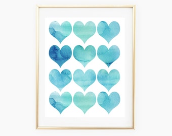 Watercolor Hearts Nursery Art Print, Valentine's Day Nursery, Print for Baby, Nursery Printable, Nursery Wall Art, Nursery Decor, Seafoam