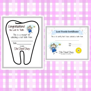 Carta e certificado da fada do dente da menina, dente perdido da criança, cartão de marco do bebê, carta de lembrança, presente para a menina, recibo da fada do dente