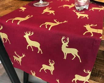 Christmas Table Runner Wine & Gold Stags/Reindeers