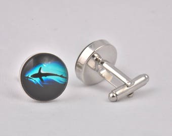 Shark Cufflinks Animal Blue Black Fish Sea Nature Silver Black White Wedding Prom Black Tie Gift Jewellery Accessories Men Women