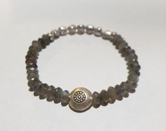 Gemstone Beaded Bracelet Labradorite, Pearl and Hill Tribe Stamped Silver