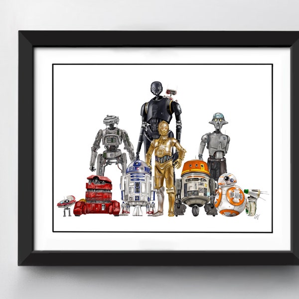 Star Wars Droids Art Print | A4 size | R2D2 | C3PO | BB8 | K2SO | Chopper | Huyang | B2EMO | Hand Drawn Illustration