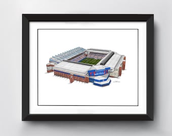 May include: A black and white illustration of a football stadium, with a blue and red color scheme. The stadium is called "Ibrox Stadium" and is home to the Rangers Football Club.