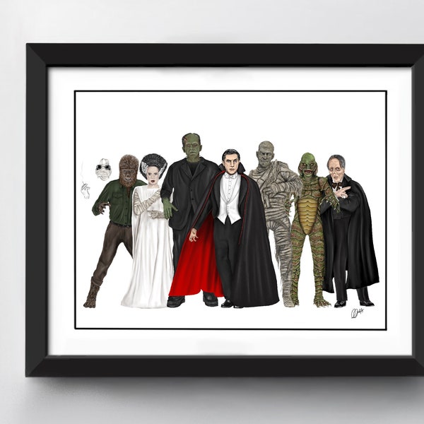 Classic Horror Movie art print | A4 size | Frankenstein | Dracula | The Mummy | Wolfman | Hand Drawn illustration