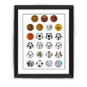 May include: A framed print featuring a grid of twenty-one historical footballs arranged in seven rows of three. The collection displays various designs, colours, and textures, ranging from vintage brown leather styles to modern white, black, and multi-coloured patterns.