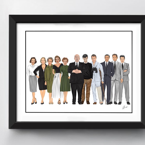 Alfred Hitchcock Art Print / tamaño A4 / James Stewart / Grace Kelly / Cary Grant / Janet Leigh / Anthony Perkins / Ilustración dibujada a mano