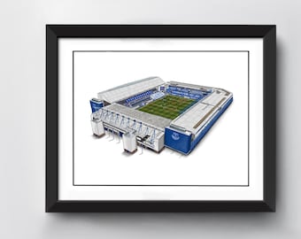 May include: A black and white illustration of a football stadium with a blue and white color scheme. The stadium is drawn in a realistic style and includes details such as the stands, the pitch, and the scoreboard.