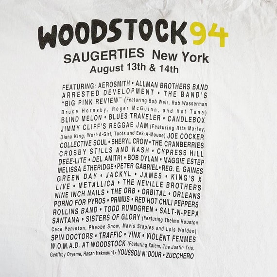 Vintage 1994 Woodstock Saugerties New York Aug 13th & 14th T Shirt size XL  (W 23.5 x L 32) | The Cranberries Collective Soul Primus