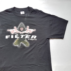 May include: Black t-shirt with a graphic of a man wearing a hooded sweatshirt, with the word "FILTER" and the text "amalgamut" printed on the front.