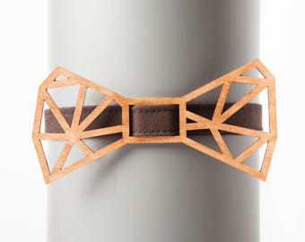 Geometric Wooden Bow Tie Architect Light Brown, Organic Cotton Strap, Gift for Him, Wedding Bow Tie, Handmade Accessory for Men