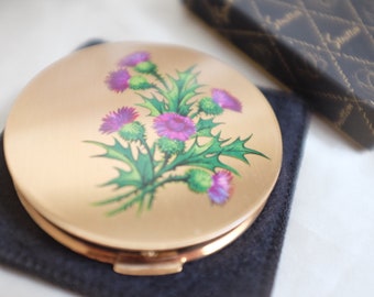 Vintage 1923 Stratton Compact Mirror Purple Thistle on Gold Enamel