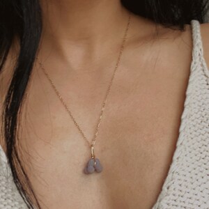 May include: A gold chain necklace with a pendant made of two small, light purple stones.