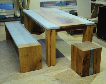 Concrete table and oak frame - bench with concrete seat