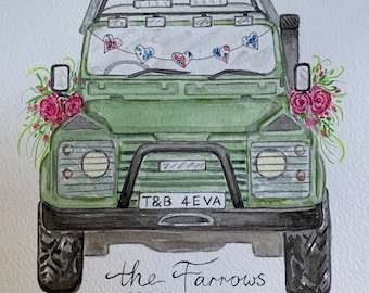 Personalised hand painted wedding illustration,  wedding watercolour, wedding cake art, wedding car art, marriage gift,wedding date keepsake