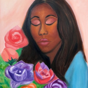 Black Girl Beauty Flower Oil Painting, Original Painting on Canvas 16x20 inches, African American Woman Flower Garden, Black Woman Art image 1