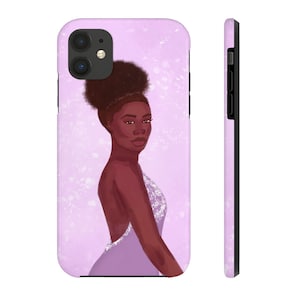 May include: A phone case with a purple background and a digital illustration of a woman with dark skin wearing a purple dress. The woman has a short afro and is looking to the side.