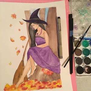 Autumn Witch Watercolor Art Prints, Halloween Witch, Spooky Art, Magical Art image 5