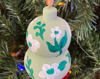 Hand Painted Wood Christmas Ornament - Green Floral