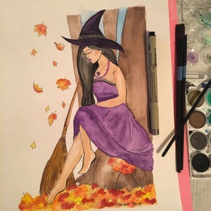 Autumn Witch Watercolor Art Prints, Halloween Witch, Spooky Art, Magical Art image 3