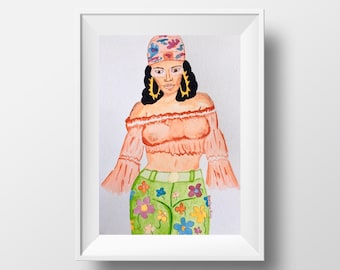 Rihanna wilde Gedanken, schwarze Mädchen Illustrationen, schwarze Kultur Kunst, schwarze Mädchen Kunst, Gouache Malerei 9 &quot;x 12&quot;