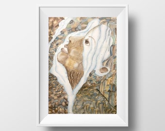 Waterfall Face in Nature Watercolor Painting Art Print