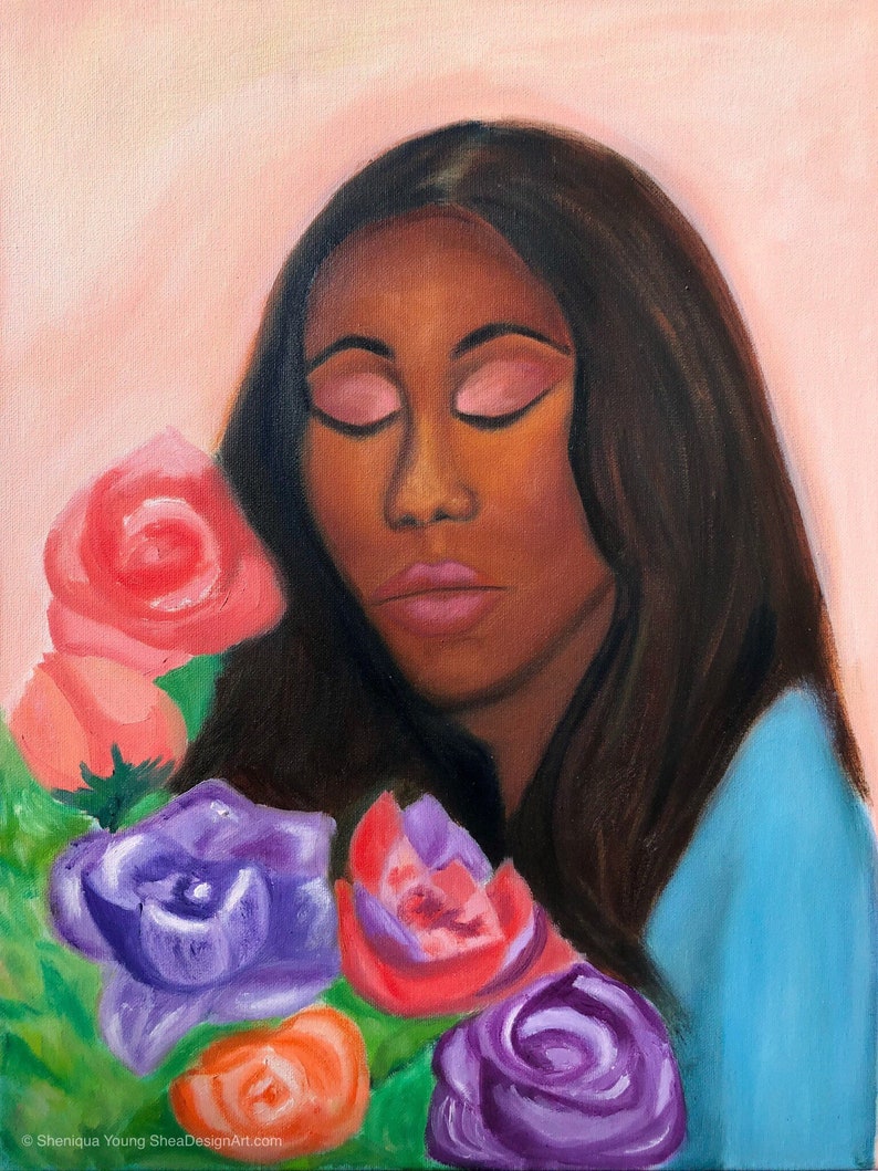 Black Girl Beauty Flower Oil Painting, Original Painting on Canvas 16x20 inches, African American Woman Flower Garden, Black Woman Art image 1