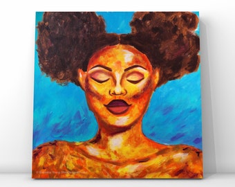 Abstract Portrait Orange Blue, Acrylic Painting 20x20 inches Canvas, Colorful Black Girl, Curly Bun Hair Art, Gifts for Graduation Dorm