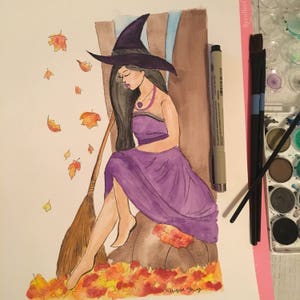 Autumn Witch Watercolor Art Prints, Halloween Witch, Spooky Art, Magical Art image 2