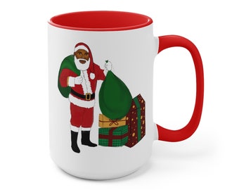 Black Santa Mug, Two-Tone Red Coffee Mugs, 15oz