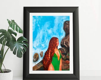 Waterfall Beach Art, Relaxing Black Woman Art Prints, Nature Lover Gifts, African Art, Black Culture Wall Art