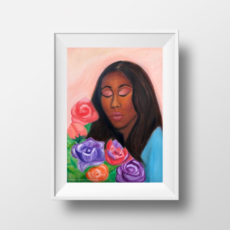 Black Girl Beauty Flower Oil Painting, Original Painting on Canvas 16x20 inches, African American Woman Flower Garden, Black Woman Art image 2