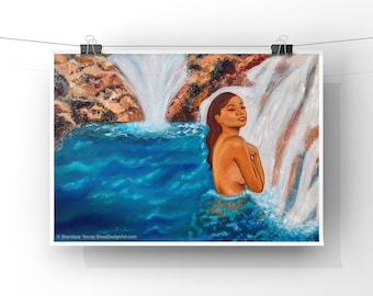 Oasis Waterfall Oil Painting, Woman under Waterfall, 8x10 inch 11x14 inch Art Print, Relaxing Woman Bathing Under Waterfall, Black Artists