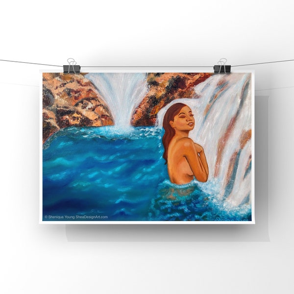 Oasis Waterfall Oil Painting, Woman under Waterfall, 8x10 inch 11x14 inch Art Print, Relaxing Woman Bathing Under Waterfall, Black Artists