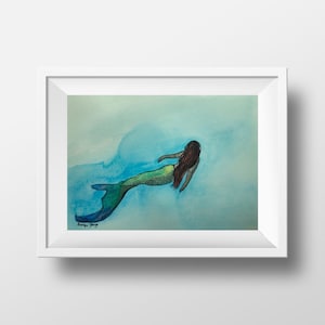 Underwater Mermaid Swimming Watercolor Art Print, Mermaidcore, under the sea, Fantasy Artwork, Ocean Art