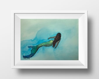 Underwater Mermaid Swimming Watercolor Art Print, Mermaidcore, under the sea, Fantasy Artwork, Ocean Art