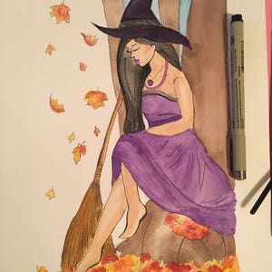 Autumn Witch Watercolor Art Prints, Halloween Witch, Spooky Art, Magical Art image 4