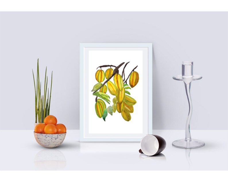 Star Fruit Wall Art, Tropical Artwork, Exotic Food Art Prints, Caribbean Kitchen Art, Carambola Watercolor Decor image 3