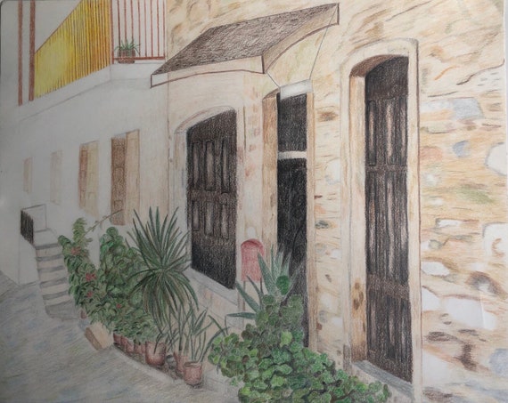 Greece Inspired Landscape Color Pencil Drawing Etsy