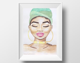 Green Headwrap Prints, African Art, Black Girl Art, Black Culture Fashion Illustrations, Afrocentric Decor, Melanin Prints