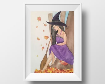 Autumn Witch Watercolor Art Prints, Halloween Witch, Spooky Art, Magical Art