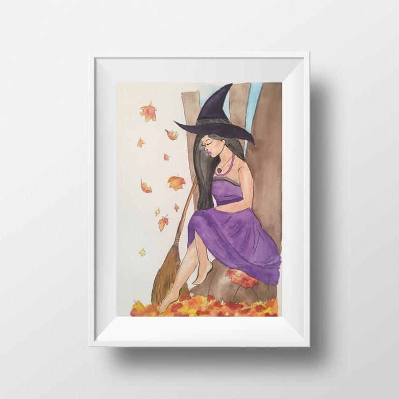 Autumn Witch Watercolor Art Prints, Halloween Witch, Spooky Art, Magical Art image 1